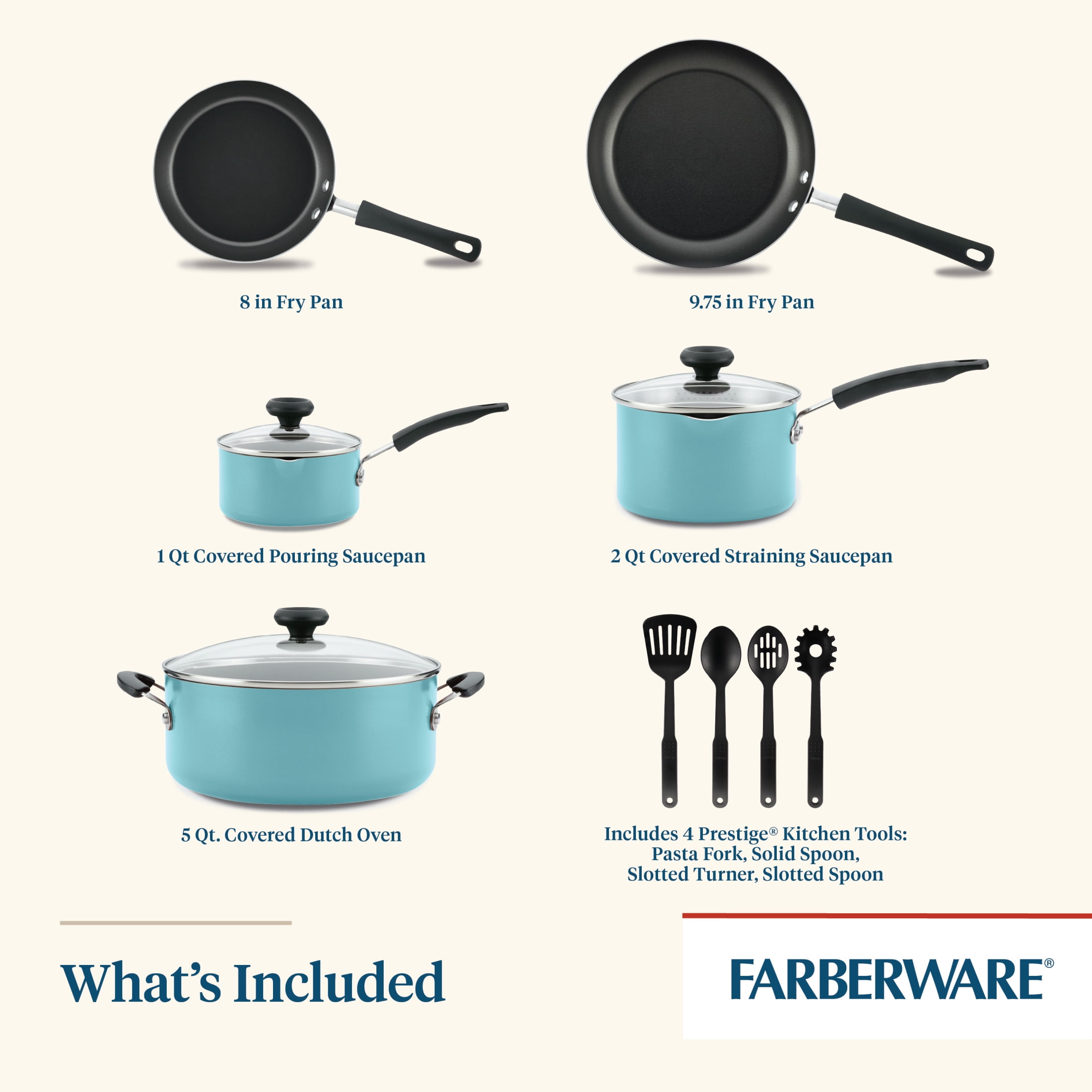 Farberware Easy Clean 12 Pcs Nonstick Cookware Set with Cooking Tools, Dishwasher Safe, Aqua