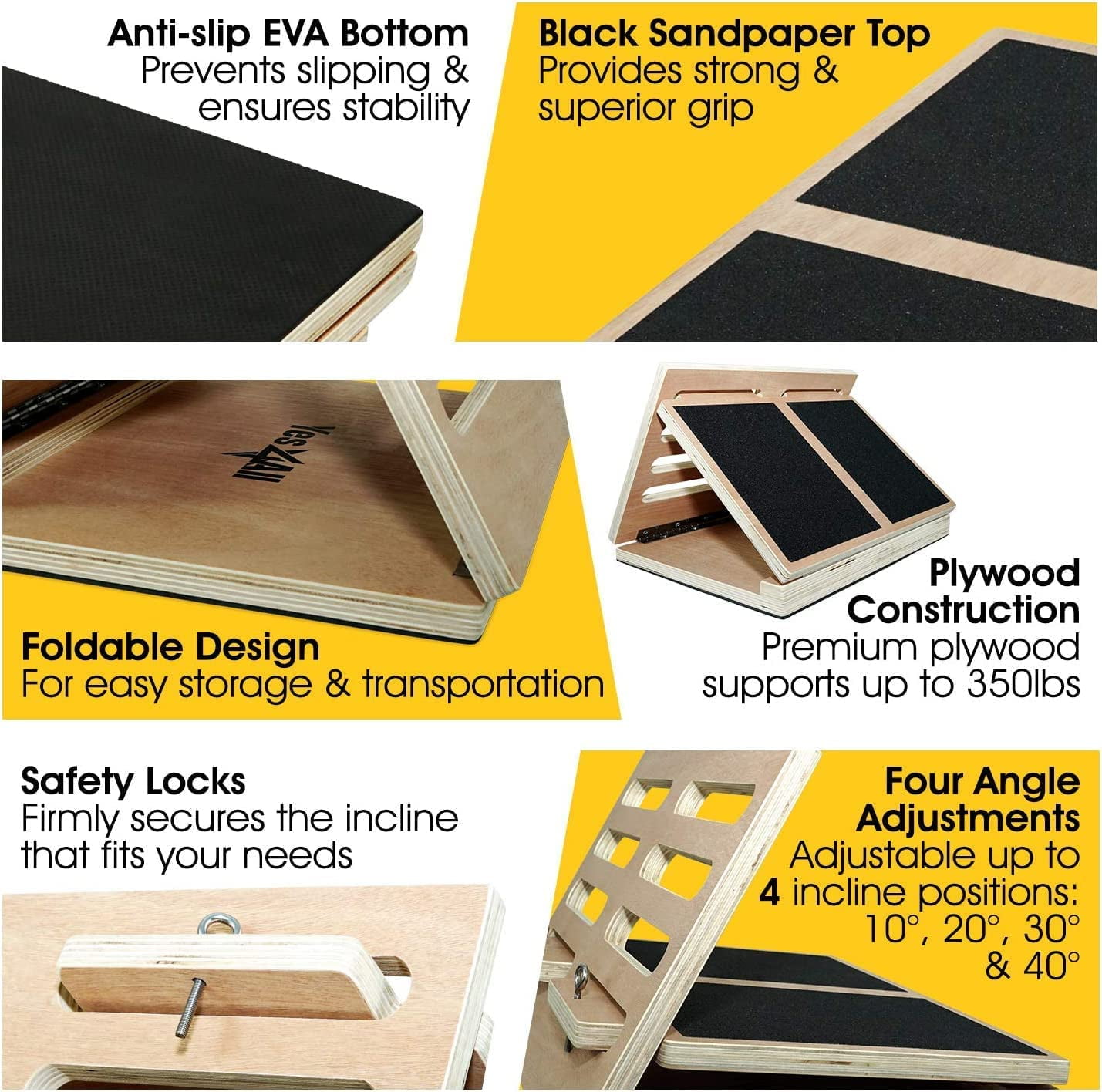 Yes4All Wooden Slant Board - 4 Incline Level: 10, 20, 30 & 40 degree