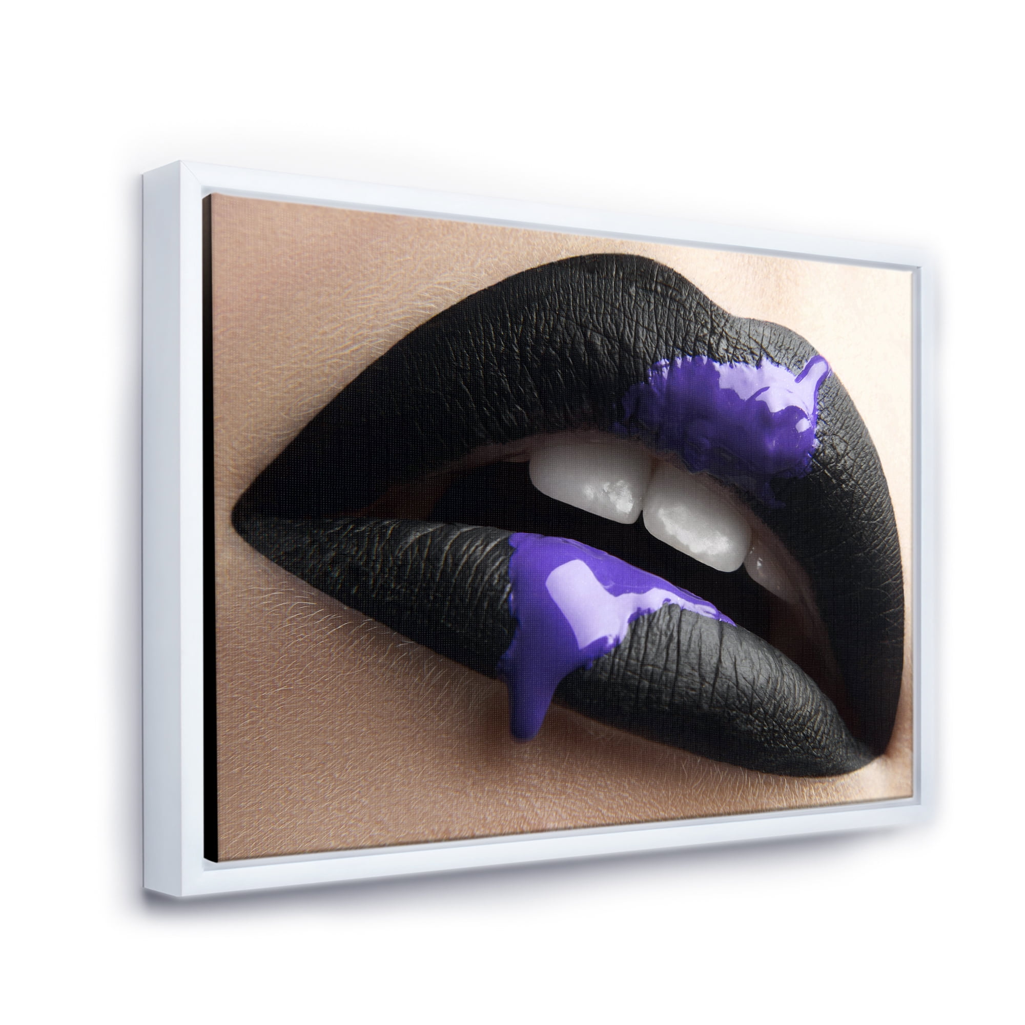 Designart 'Woman Lips With Black Lipstick & Purple Paint' Modern Framed Canvas Wall Art Print