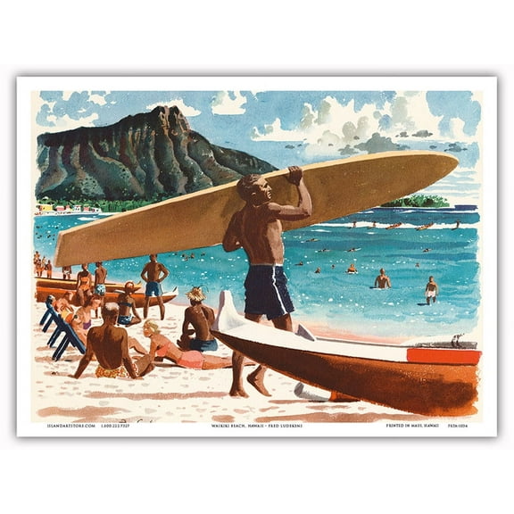 Waikiki Beach Hawaii - Surfer Diamond Head Crater - United Air Lines - Vintage Airline Travel Poster by Fred Ludekens c.1950s - Master Art Print (Unframed) 9in x 12in