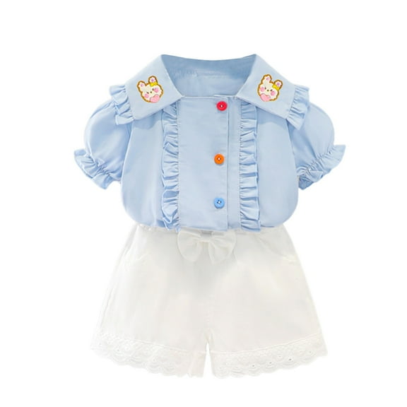 Fsqjgq Toddler Girls Outfits Baby Girl Floral Summer Clothes Shorts Sets Cartoon Print Ruffle Short Sleeve T Shirt Tops Cute Shorts Set 18-24 Months