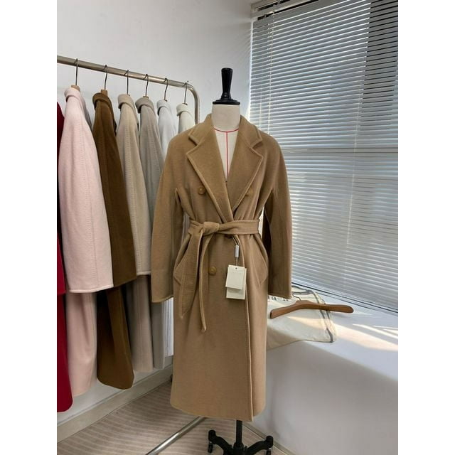 QueenLine High-end Winter Cashmere Camel Color Long Wool Classic Double-breasted Lace-up Gray Red Coat