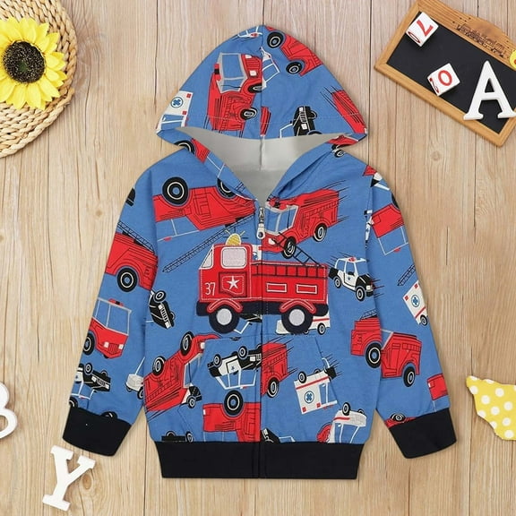 ZHOGXU Children Boys Hoodies With Pocket Long Sleeve Cartoon Print Zipper Loose Fit Casual Sweatshirt For Daily Wear Blue 3-4 Years