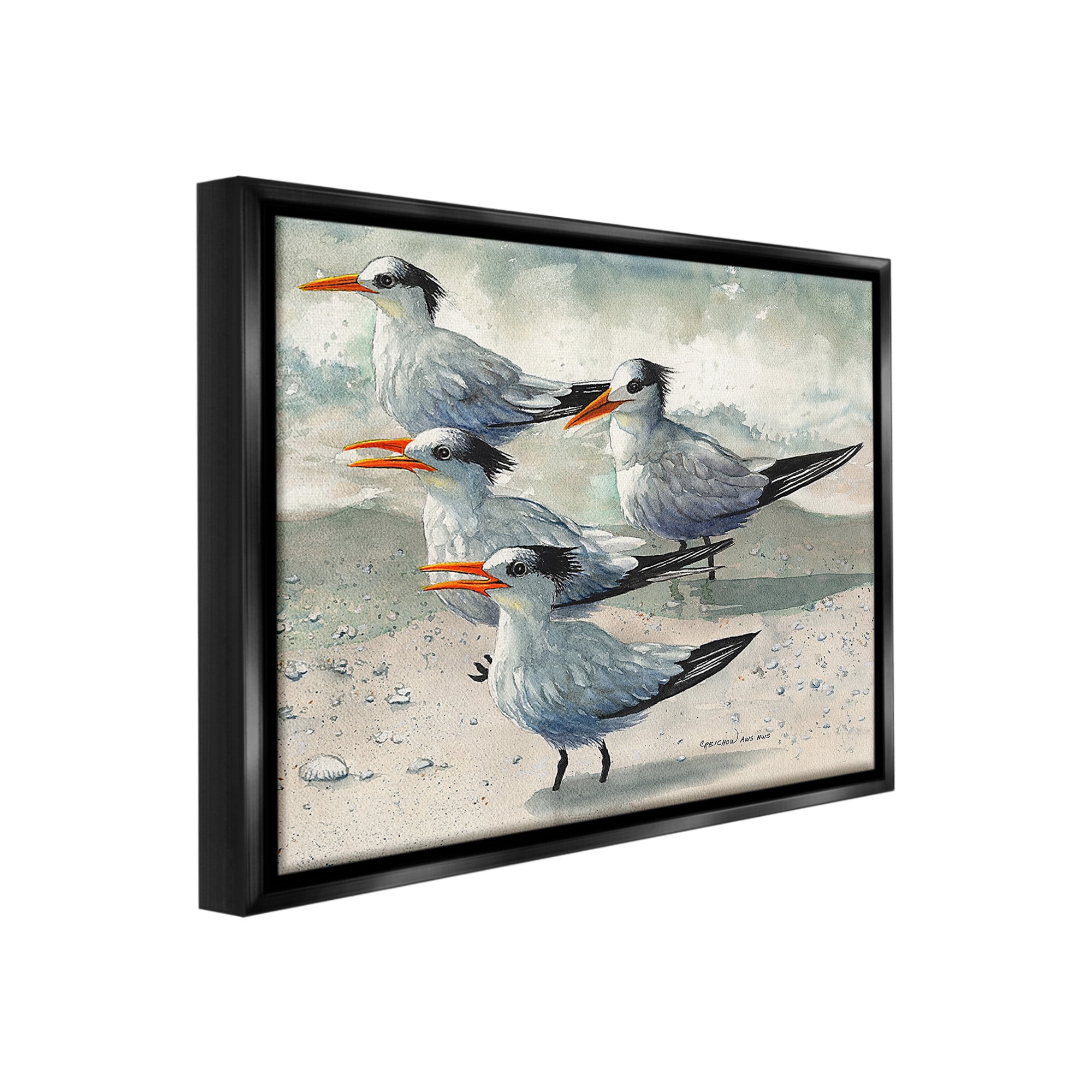 Stupell Industries Chirping Beach Birds Animals & Insects Painting Black Floater Framed Canvas Art Print Wall Art, 31 x 25