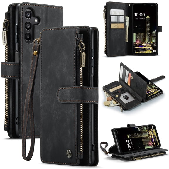 for Samsung Galaxy A16 5G Wallet Case with Card Slots, Leather Detachable Wristlet Strap 3-in-1 Zipper Pocket and Magnetic Flip Folio, RFID Blocking Card Holder Stand Case for Women and Men,Black