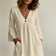 thumbnail image 6 of Vivianyo HD Women's V-Neck Single Button Midi Dress, 3/4 Bell Sleeve Solid Loose Casual Dresses with Side Pocket for Women, Women's Beige, Sizes S-2XL, 6 of 7