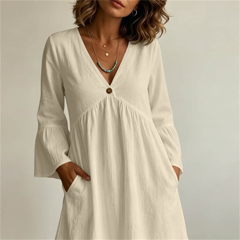 Dvprdro Cotton Linen V Neck 3/4 Sleeve Flared Ruffle Hem Loose A Line Mini Dress for Women 2026 Summer Beach Casual Solid