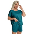 thumbnail image 6 of DAKIMOE Womens Silk Stain Pajamas Set Short Sleeve Soft Sleepwear Top With Shorts Set PJ Loungewear, Peacock Blue, M, 6 of 8