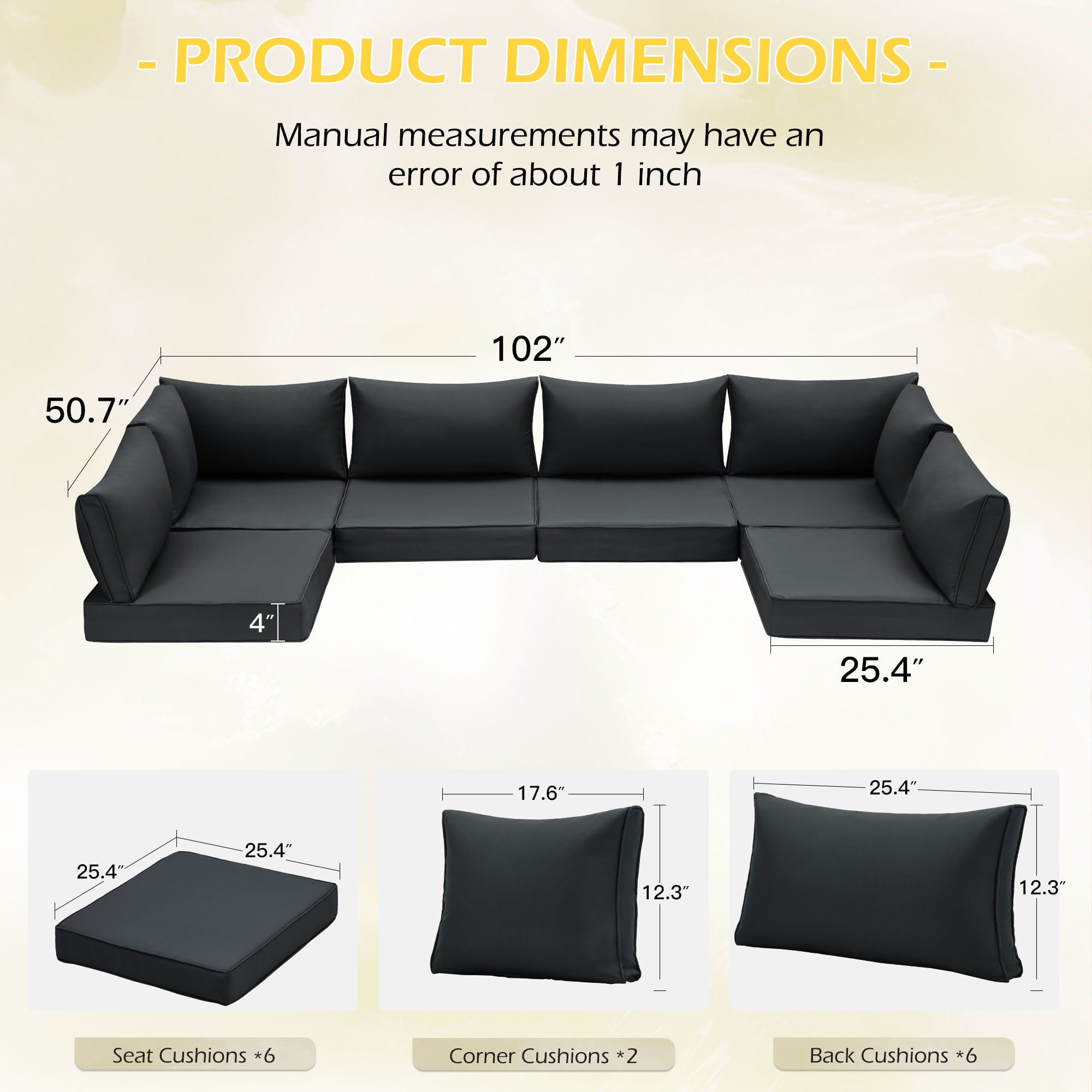 HOMREST 25.4 in x 25.4 in Outdoor Replacement Cushions,14-Count Black
