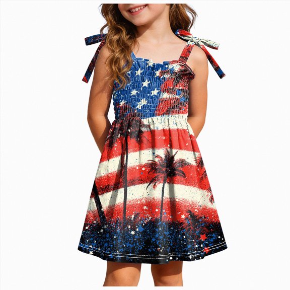 mgoYE Toddler Girls 4th of July Dress Girls American Flag Outfit Kids Patriotic Independence Memorial Day Dress 1-6 Years(Brick Red,4-5 Years)
