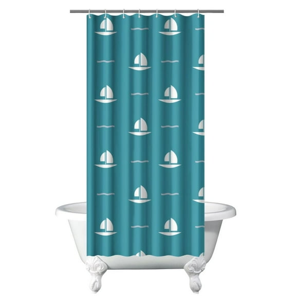 Coastal Nautical Shower Curtain with Anchor, Boat, Sea, Marine, and Ocean Waves Pattern, Lighthouse and Map Design, Waterproof Fabric Curtain with Hooks