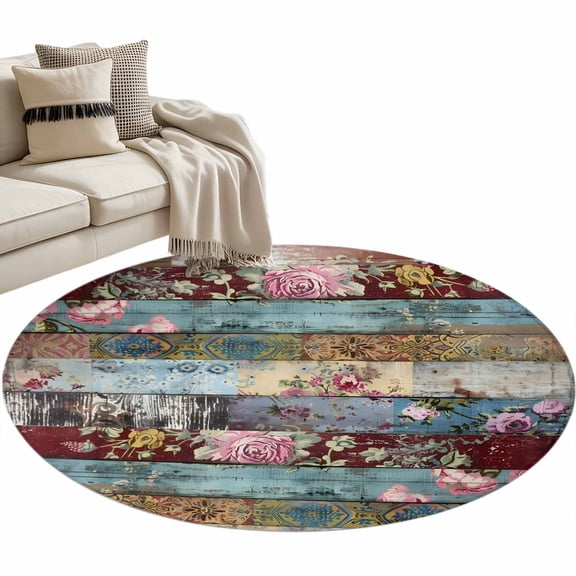 Vintage Flower Large Area Rugs for Bedroom Living Room, Soft Non Slip Carpet Bedside Rug, Retro Botanical Floral Wooden Round Floor Cover Kitchen Accent Rug 4' for Dining Room/Office