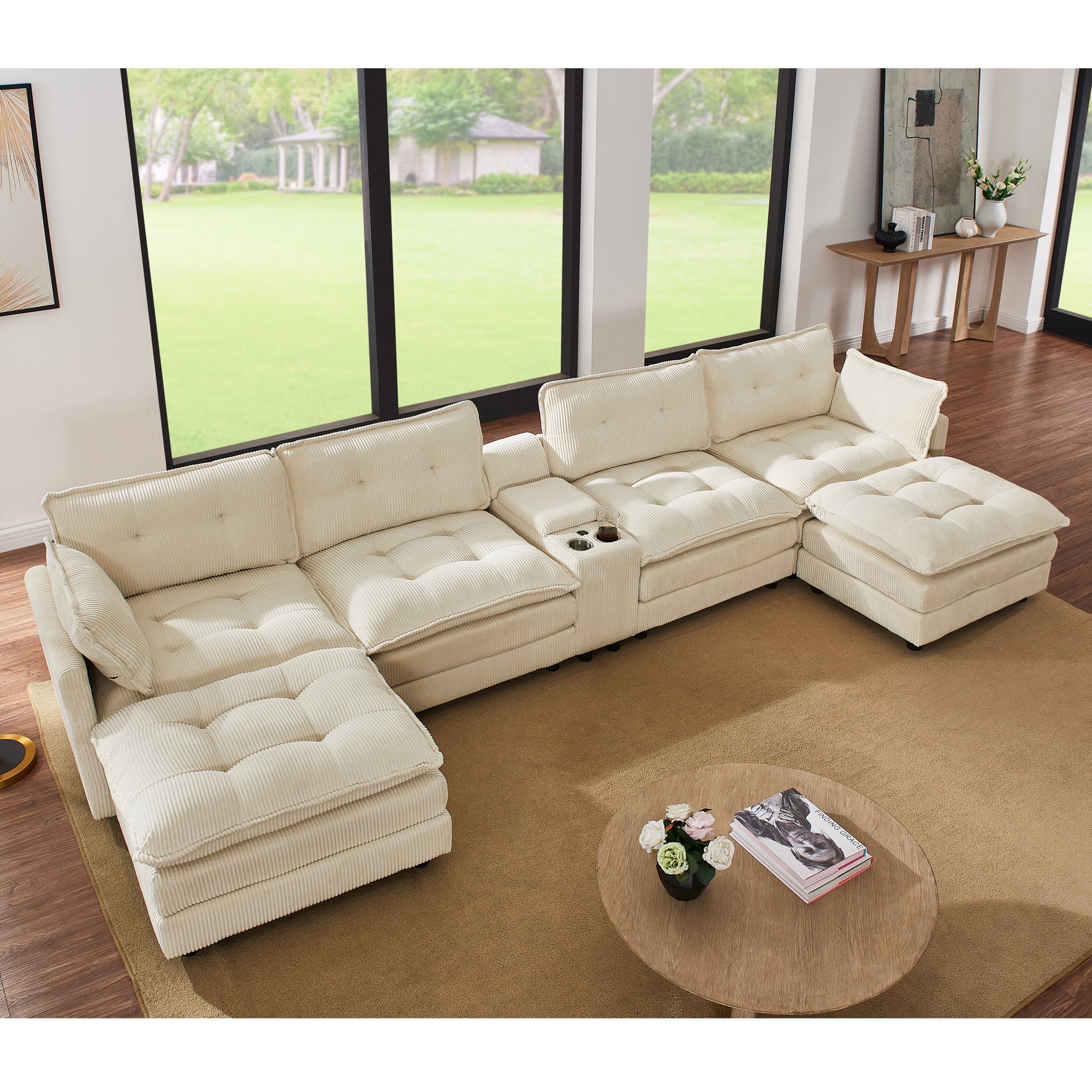 Gewnee 154" U-Shaped Sectional Sofa,Modern Corduroy Modular Sofa Couch with Storage Function,USB &Cup Holders,Movable Ottoman Sectional Couch for Living Room,Beige