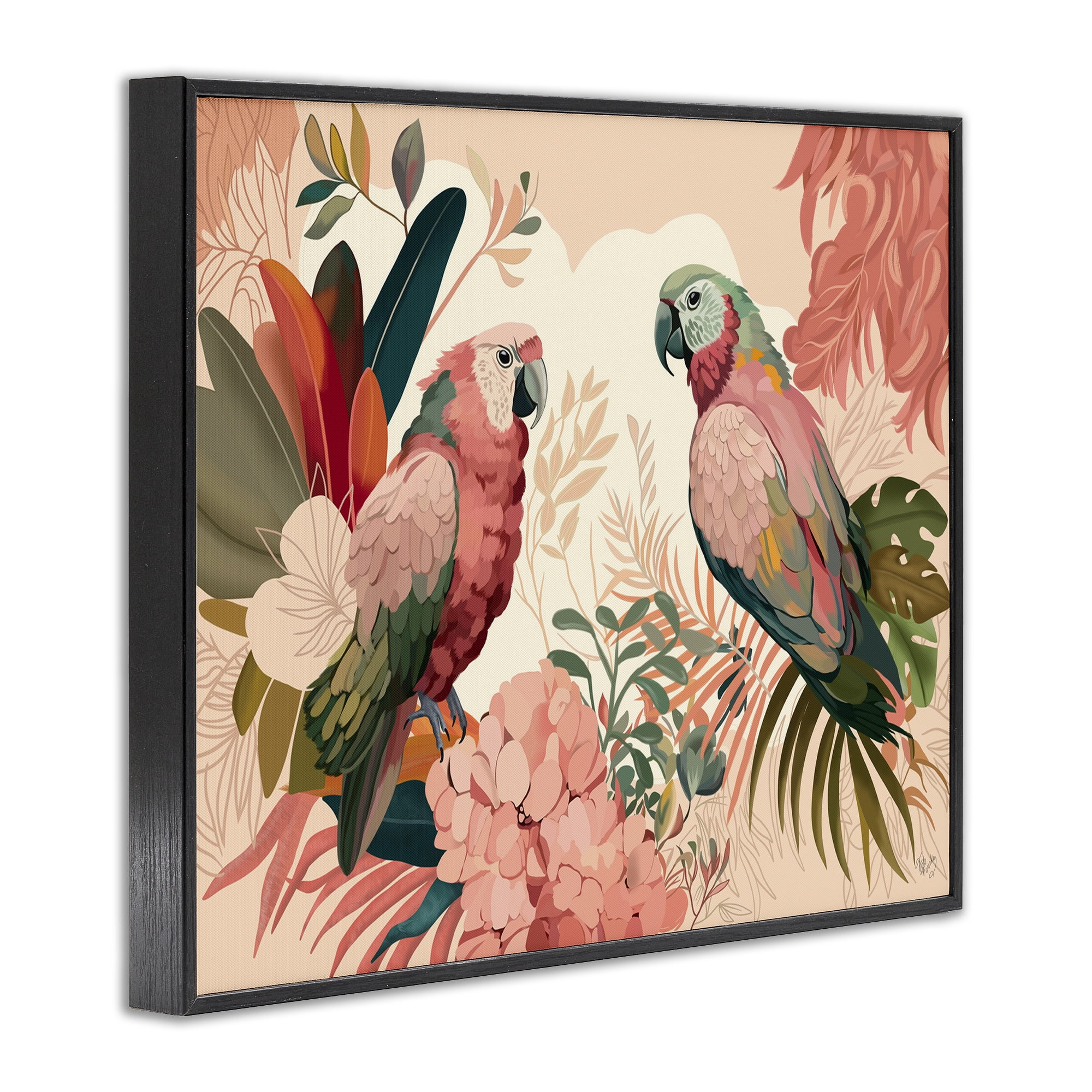 Stupell Industries Pink Parrots & Leaves Animals & Insects Painting Black Framed Art Print Wall Art, 30 x 24