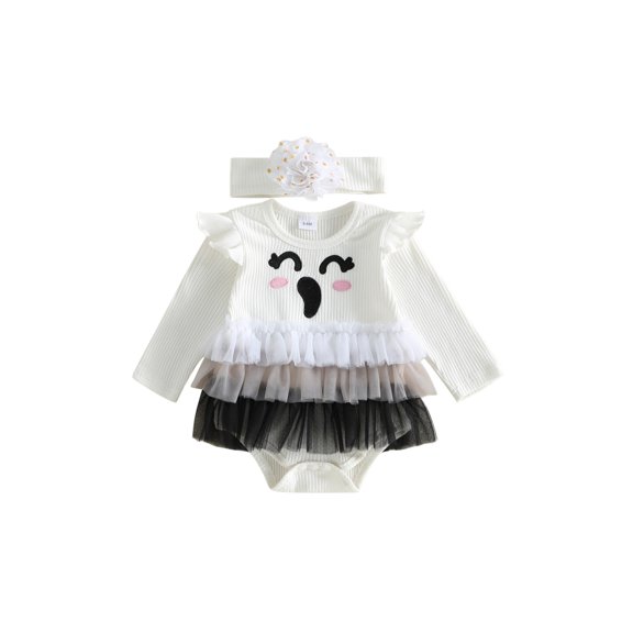 Cjfdfy Newborn Baby Girl Halloween Fall Dress Outfits Pumpkin Ghost Embroidery Long Sleeve Knit Romper With Headband My First Halloween Baby Girl Outfit Fall Winter Clothes