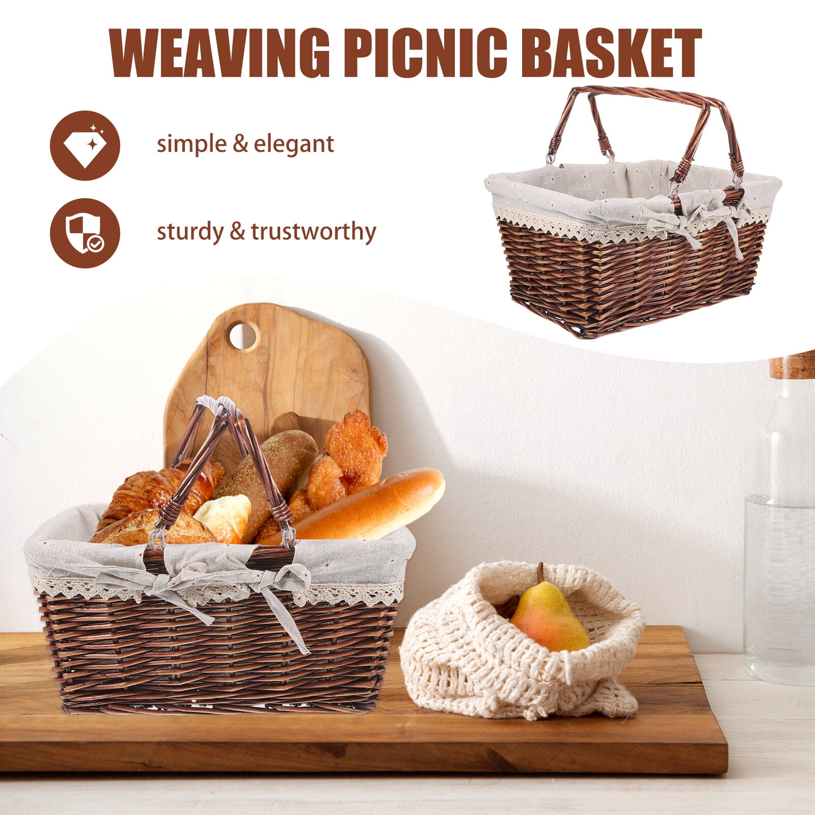 Pyramidti Wicker Picnic Basket with Handles & Liner Oval Empty Gift Basket Willow Woven Easter Eggs & Candy Storage Basket Fruit Serving Basket Kids Blanket Toy Organizer