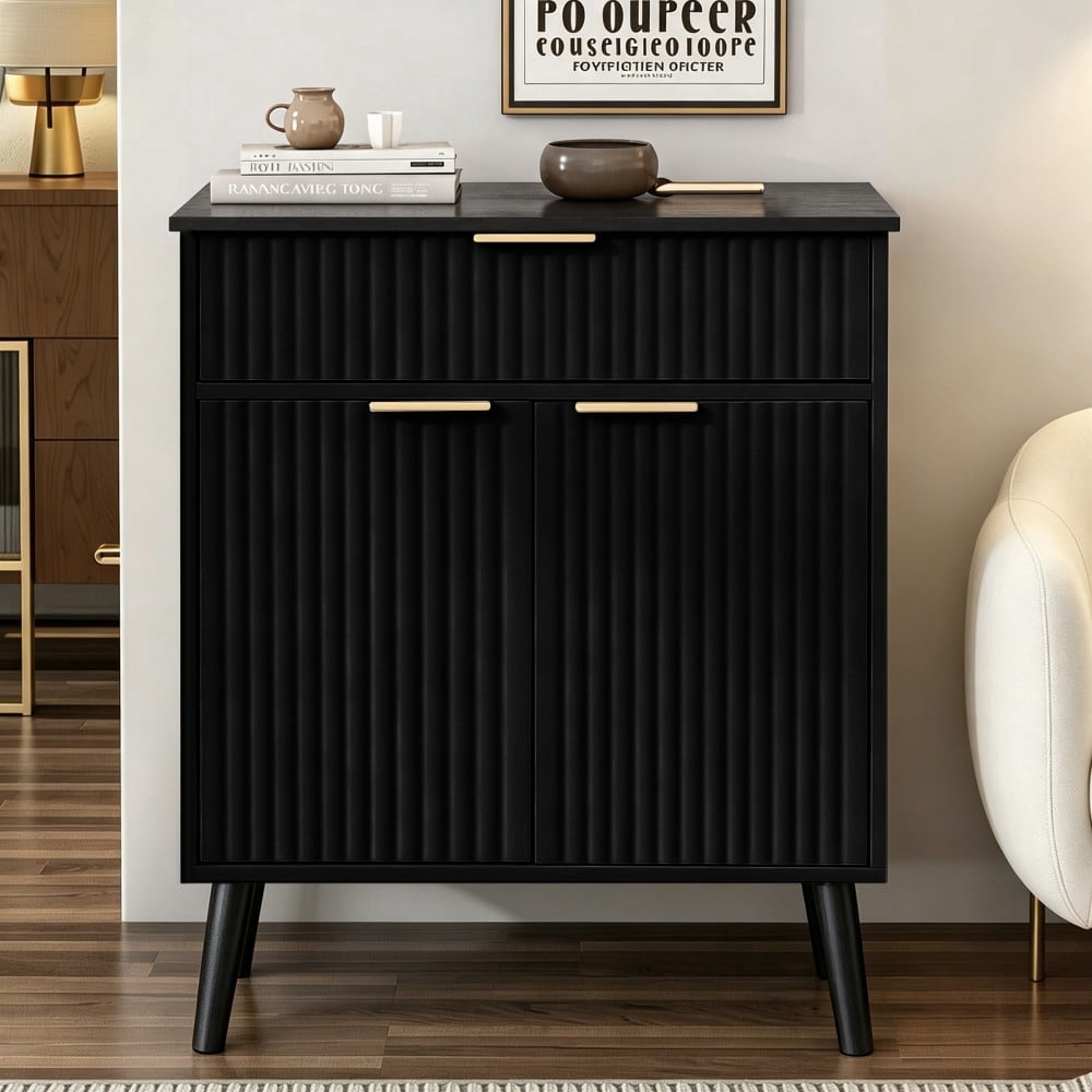 Kitchen Storage Cabinet, Buffet Cabinet with 2 Doors & Drawer, Adjustable Shelves, Wood Sideboard with Solid Wood Legs, Black