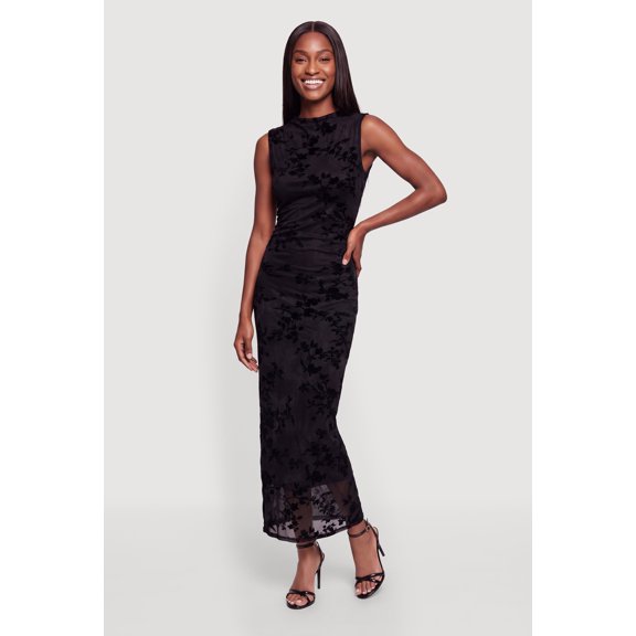 Women's Floral Velvet Burnout Mesh Overlay Maxi Dress