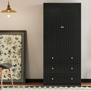 VoirStar 2 Door Armoire with 3 Drawers Black Freestanding Closet Wardrobe