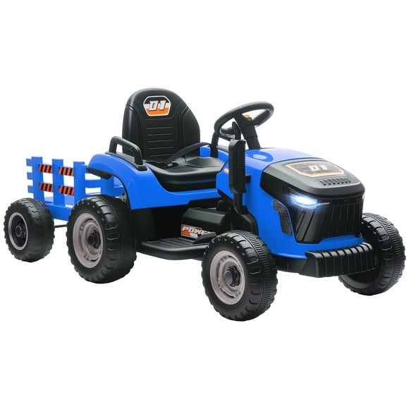 Qaba Tracteur pour Enfants à Chevaucher avec Remorque, Voiture Électrique 12 V pour Enfants, Bleu
