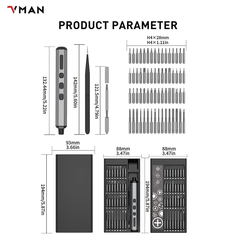 VMAN 68in1 Electric Precision Screwdriver Set,64 Universal Magnetic Bits