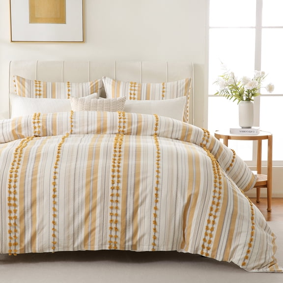 100% Cotton Duvet Cover – Cream Yellow Striped Bedding Set with Embroidered Accents, 3 Pieces Ultra Soft&Breathable Modern Boho Comforter Cover, Natural Farmhouse Style