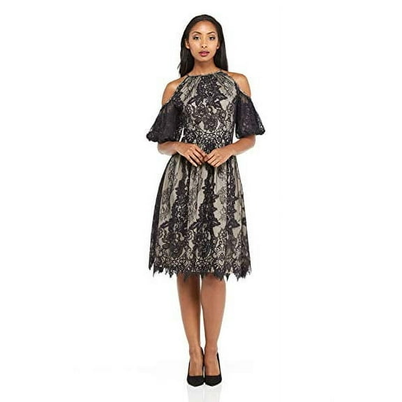 Maggy London Women's Chantilly Lace Cold Shoulder Fit & Flare, Black, 4