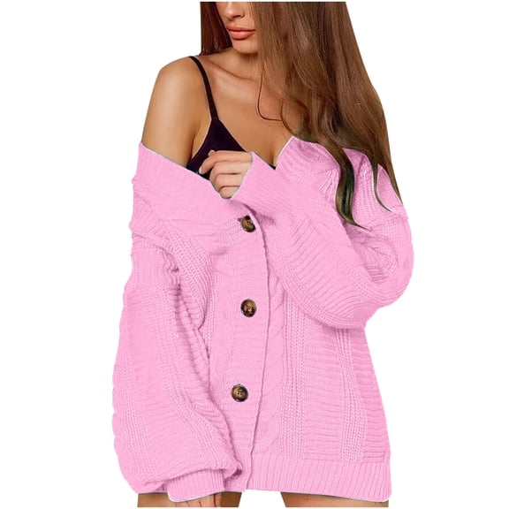 Odeerbi Cardigan Sweaters For Women Fall Winter Sweaters Trendy Solid Color Button Up Long Sleeves Knit Loose Tops Blouse Pink