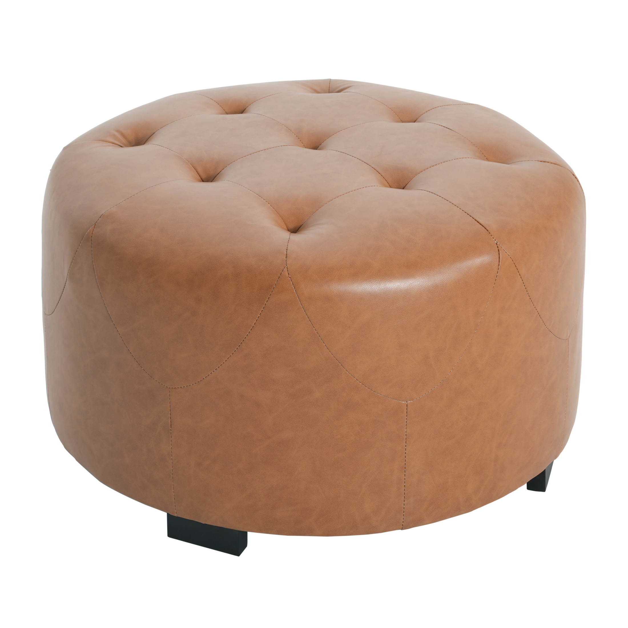 Christopher Knight Home Small Round Ottoman, Orange Brown PU Leather Button Tufted Footstool, Birch Wood Legs