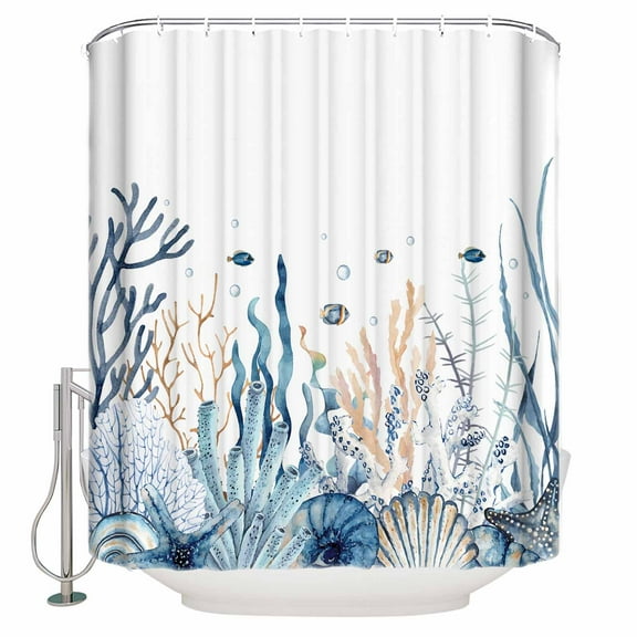 Fabric Shower Curtain, Summer Ocean Coral Seaweed Starfish Shell Bathroom Curtain with 12 Hooks Waterproof No Bad Odor Machine Washable Bath Curtains for Bathroom, Spa Room, Background Cloth, 66"x72"