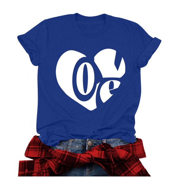 Penkiiy Valentine's Day T Shirts for Women Cute Heart Print Graphic Tees Casual Short Sleeve Top L Blue