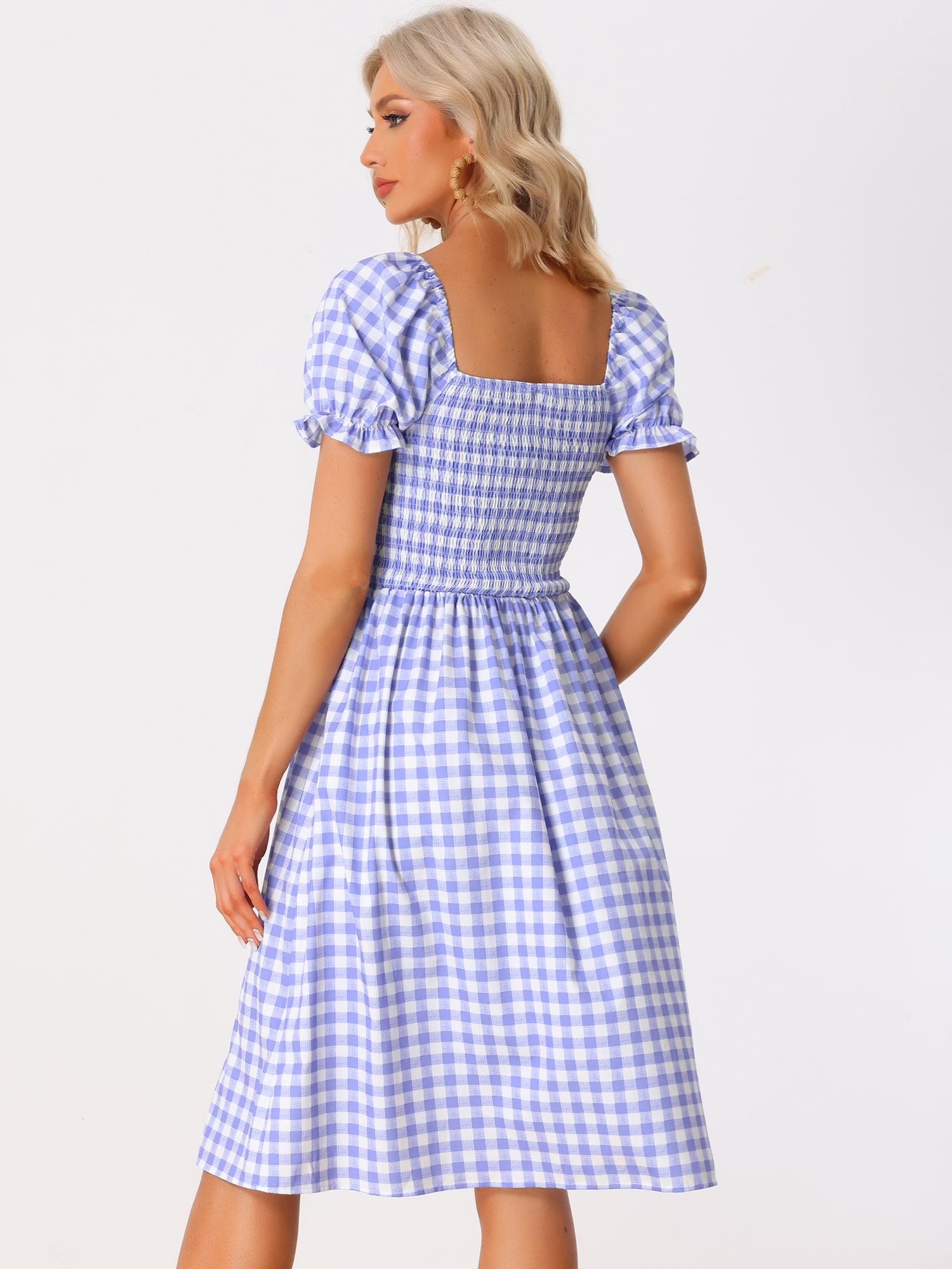 Unique Bargains Women's Gingham Short Sleeve Casual Plaid Smocked Dress XS Purple