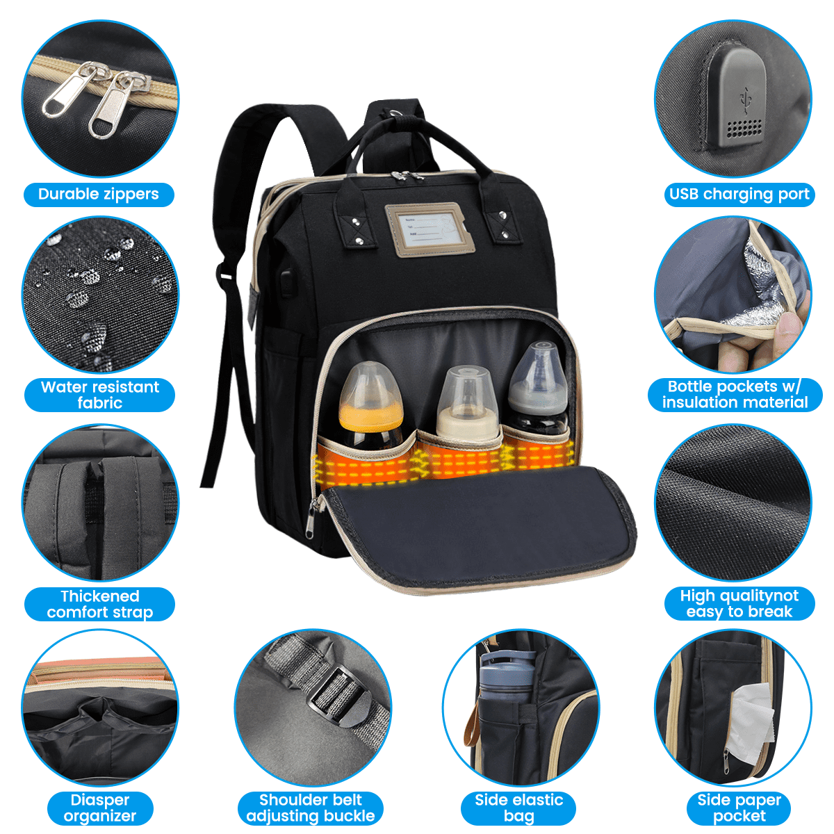 Diaper Bag Backpack, Multifunctional Baby Changing Bag with Foldable Crib & Insulated Milk Bottle Pocket, Large Capacity Travel Backpack with USB Charging Port & Stroller Strap (Black)