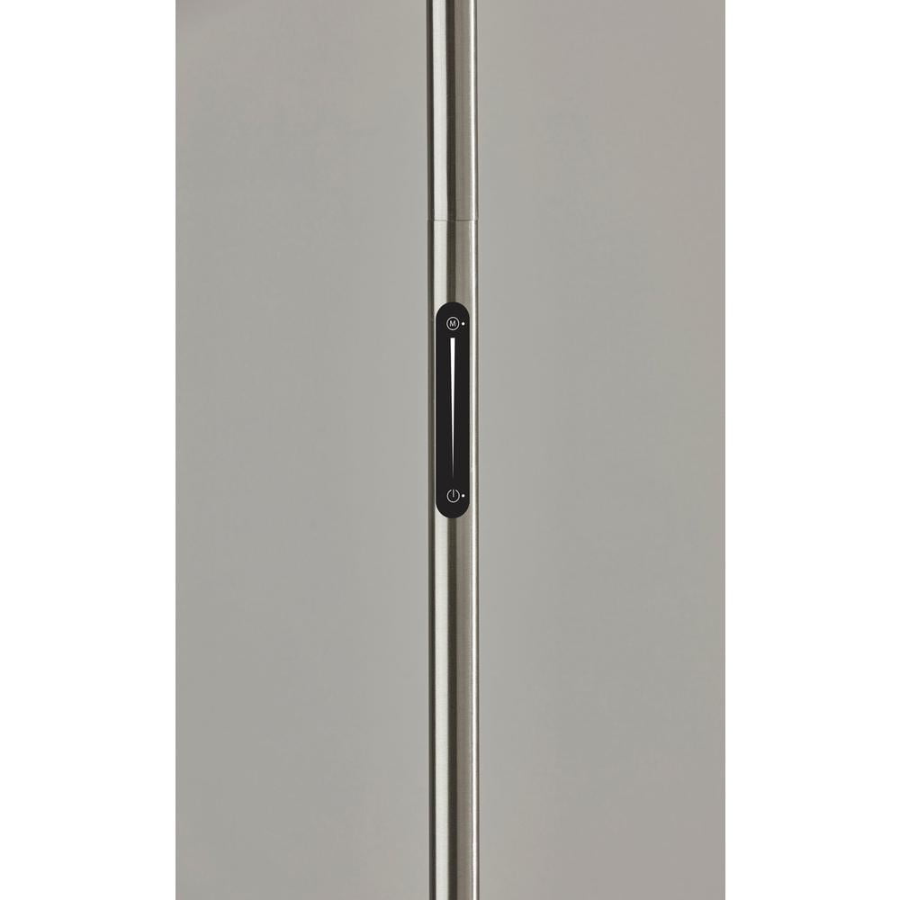 Solar LED Torchiere Wellness Floor Lamp in a Brushed Steel finish and Frosted Glass Shade