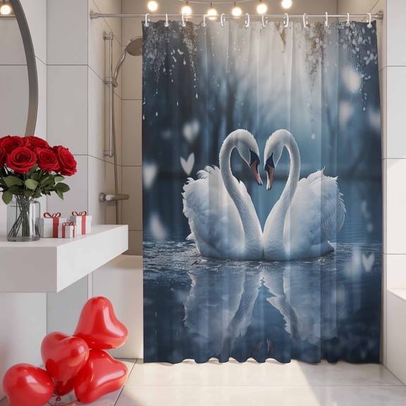 Valentines Day Shower Curtain, 36" x 72", White Swans Couple Romantic Blue Waterproof Bathroom Curtain Washable Shower Curtain Set with 12 Hooks