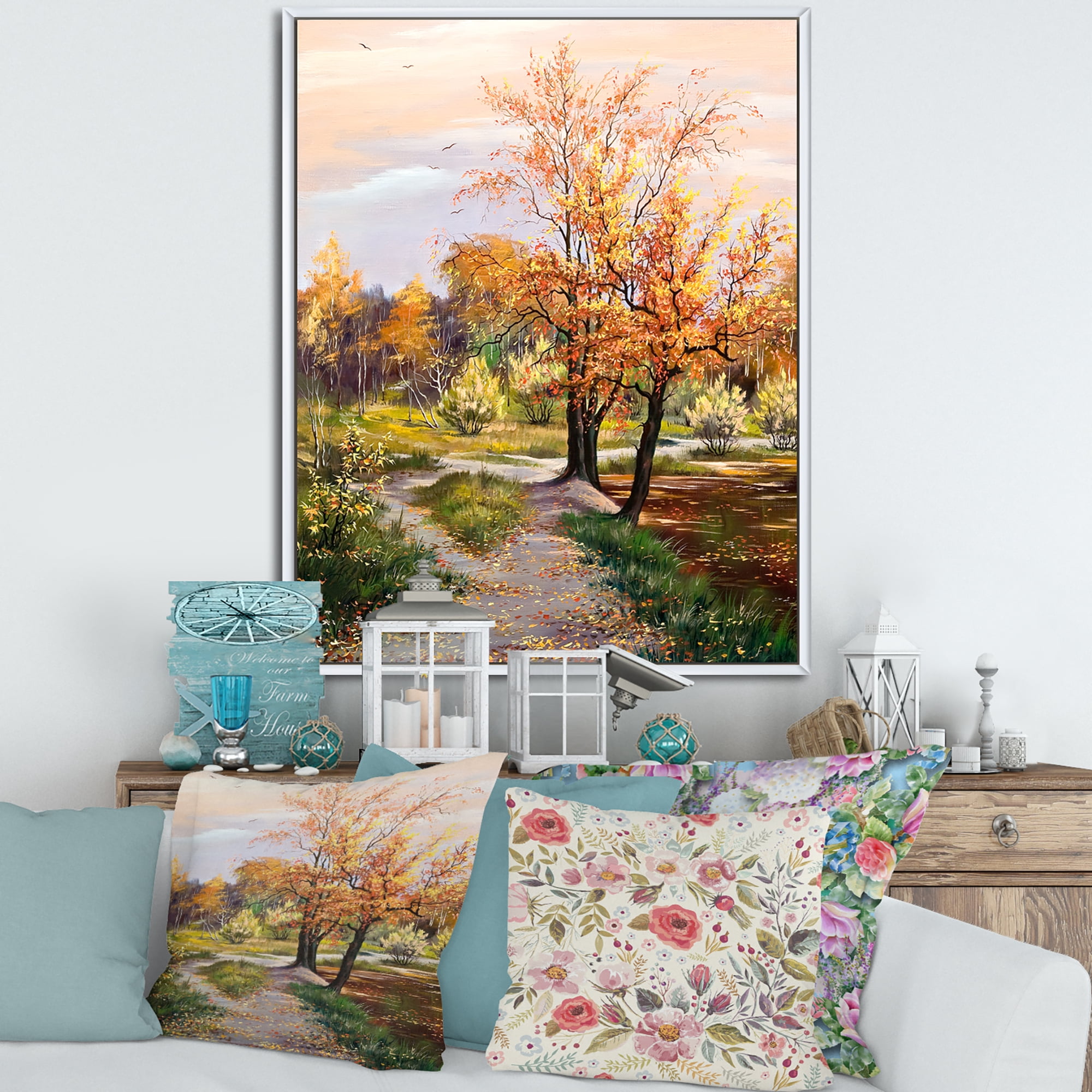 Designart 'The Orange Woods Along River' Country Framed Canvas Wall Art Print