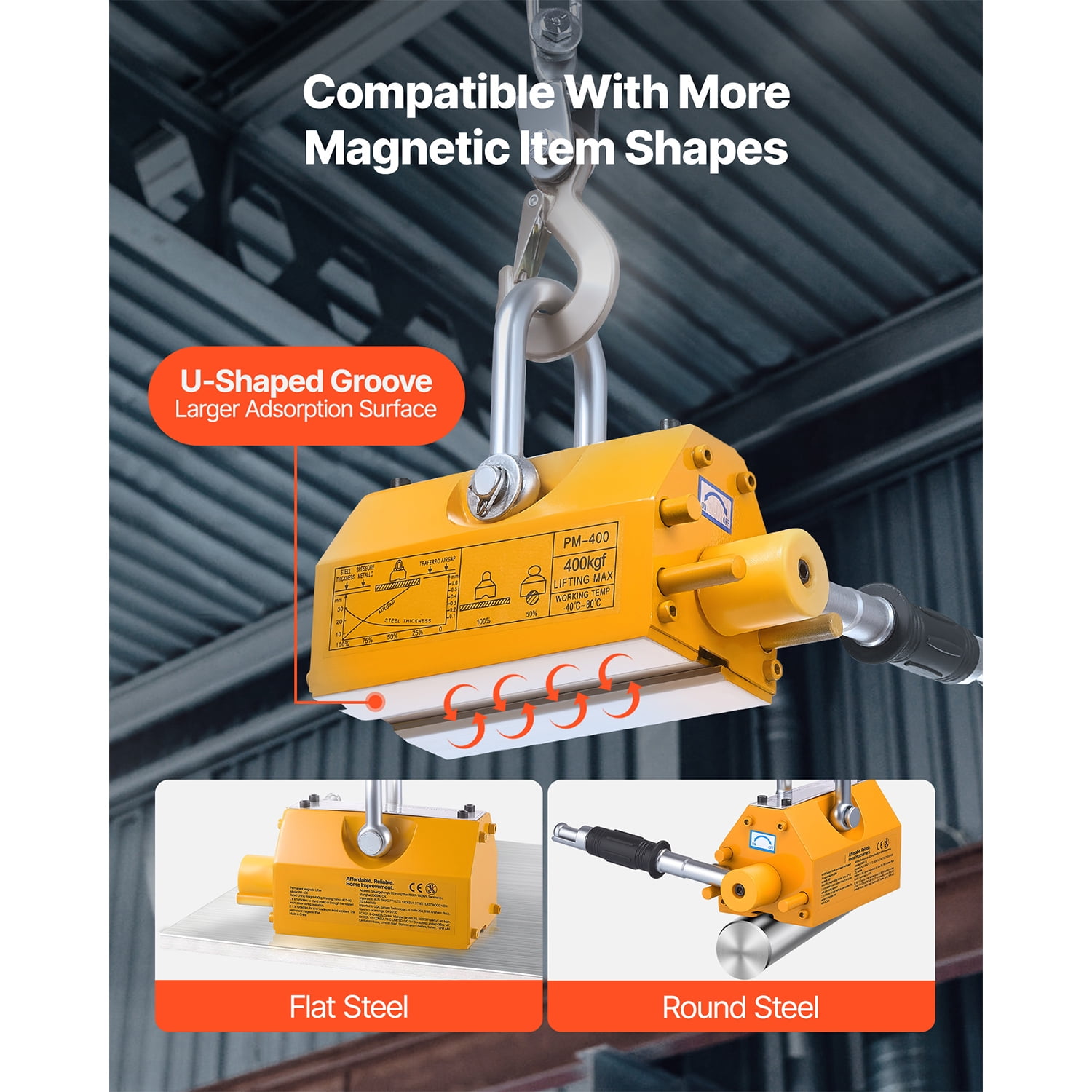 KFFKFF Permanent Magnetic Lifter with 880 lbs Load Capacity, Durable N42 Neodymium Magnet Featuring Release Handle and Steel Hook, Suitable for Crane and Hoist Applications in Lifting Steel Plates