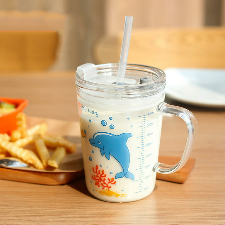 Glass Tumbler Milk Cup Children Cute Cartoon Juice Cup with Straw Glass Cup  