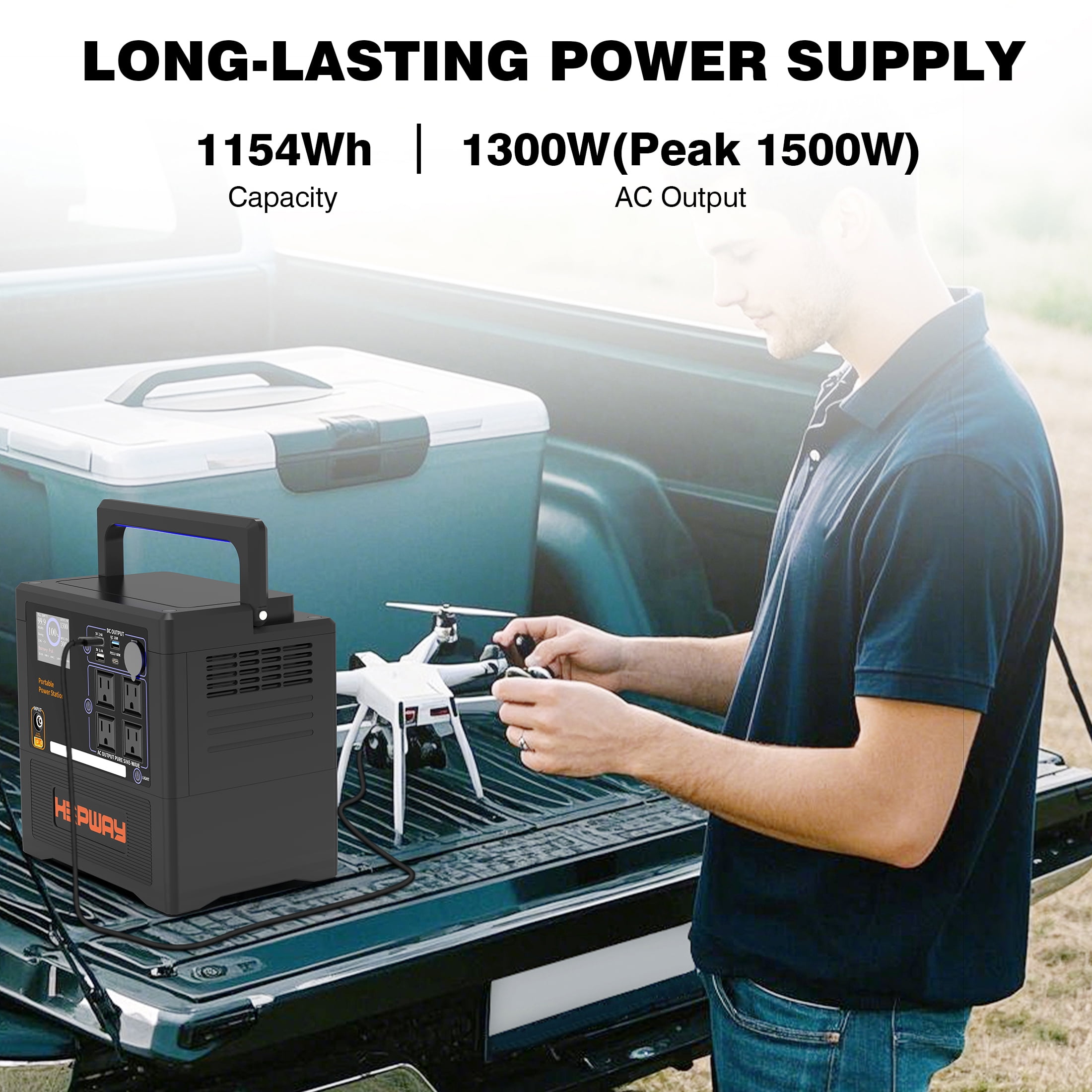 HEPWAY Portable Power Station 2400W Peak, 1154Wh Lithium Battery, QC3.0 USB-C 4X120V AC Output 1300W, Support Refrigerator Mode With 4*Cooling Fans Solar Generator For Camping RV Home(No Solar Panel)