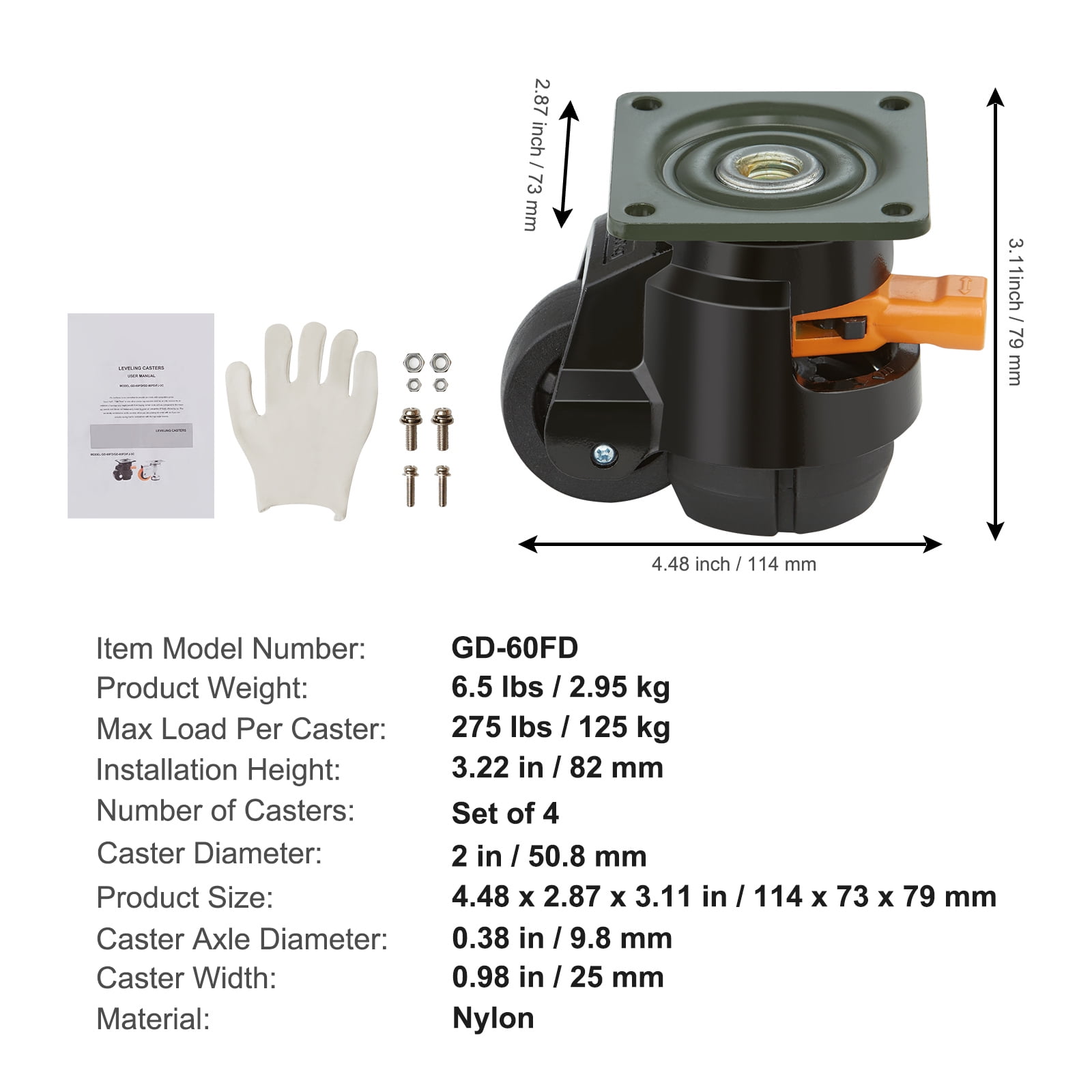 KFFKFF Adjustable Leveling Casters, 4-Pack Heavy Duty Swivel Wheels with 360° Rotation, Supports up to 1100 lbs, 2-Inch Diameter, Enhanced Handle Design and Stabilizing Feet
