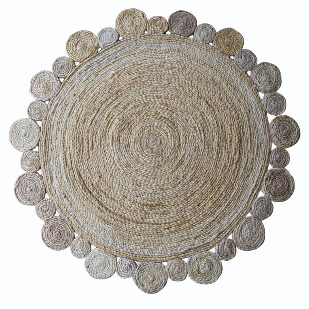 Hand Woven Jute Eco-Friendly Area Rugs - 5'X5', Round Shape, Cream Color, Oriental Pattern, High Pile, Natural Fiber, Outdoor Indoor Handmade Area Rugs For Living Room, Bed Room (J00001)