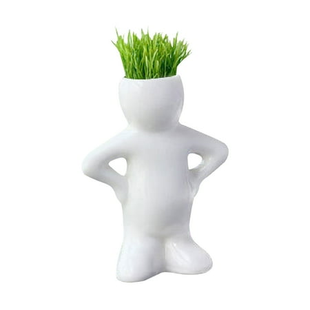 Follure Mini Bonsai Head Grass Hair White Ceramic Plant Garden Tree Doll Grass Pot D