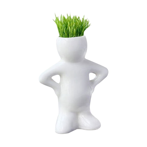 UYUH Cute Mini Bonsai Head Ceramic Planter, White Creative Human Shape Grass Hair Flower Pot for Succulents, Home Garden Desktop Decor, Tree Doll Design