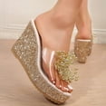 thumbnail image 3 of Women's Beaded Clear Strap Wedge Slide Sandals Glitter Rhinestones Open Toe Non Slip Platform Sandal for Wedding Party Gold Size 7, 3 of 7