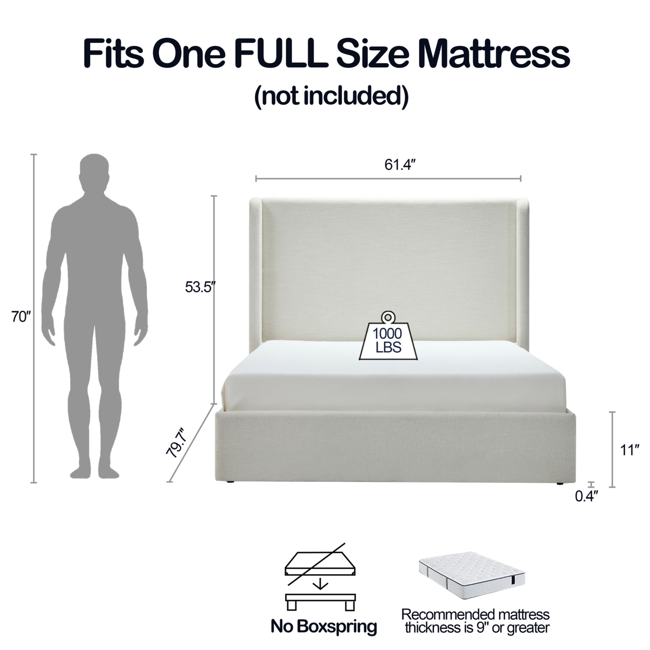 Noble House Carmen Full Wingback Platform Bed, High Headboard, Canvas Chenille Upholstered, Ivory