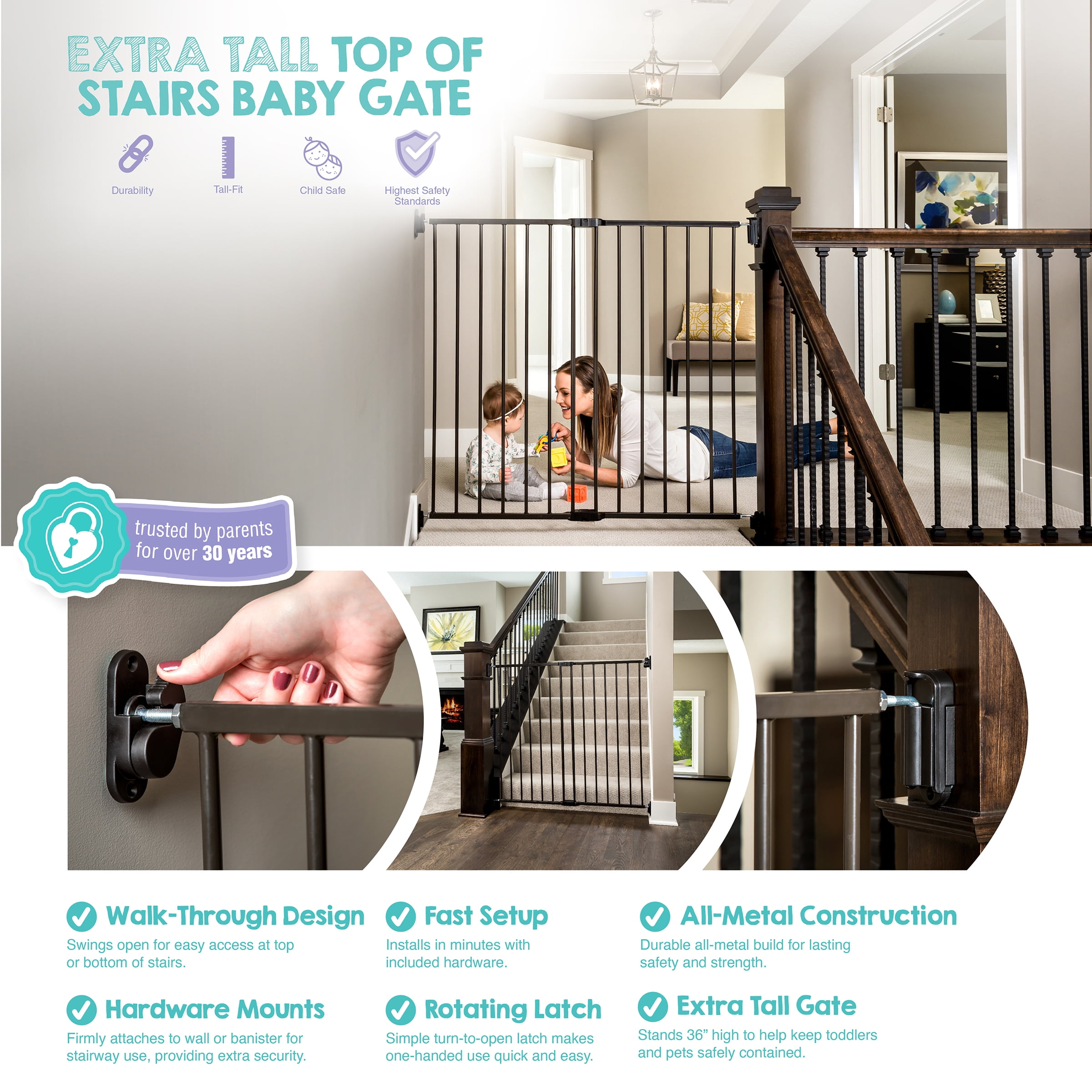 Regalo Extra Tall Baby Safety Gate for Stairways and Hallways, 38 Inch Tall, Black