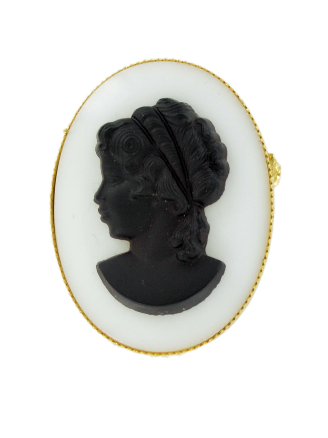 Gold Tone Black White Glass Oval Cameo Pin Brooch or Pendant by