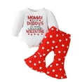 thumbnail image 2 of Valentine's Day Girls Outfits Long Sleeve Ribbed Bodysuit Heart Print Flared Pants Headband Casual Kids 3 Piece Set White 6-12 M, 2 of 8