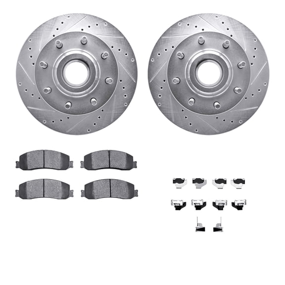 Dynamic Friction Company Front Brake Rotors-Drilled and Slotted-Silver with Heavy Duty Brake Pads includes Hardware 7212-99217