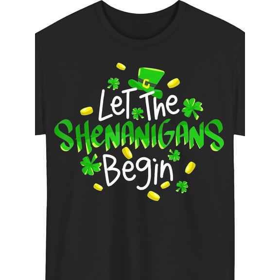 Funny St. Patrick's Day Let The Shenanigans Begin Graphic T-Shirt Retro Lucky Shamrock Leprechaun Hat Unisex Adult Holiday Tee
